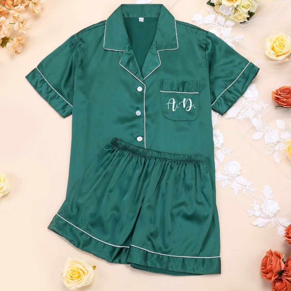 Women's Satin Bridesmaid Pajama Set - color is forest green
